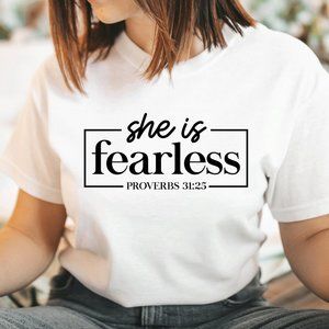 She is fearless Proverbs 31:25 verse Unisex T-shirt Faith based Graphic